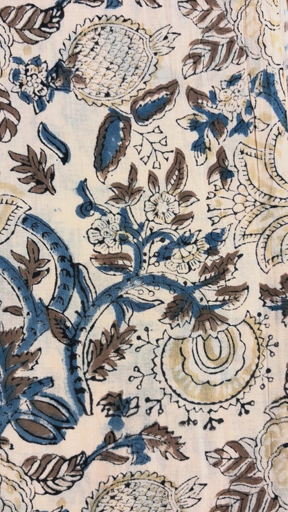 100% Cotton Hand Block Print Fabric | Blue Beige Floral Indian Cotton Fabric by the Yard | Soft Natural Fabric for Dresses, Quilts, Home Decor & Craft