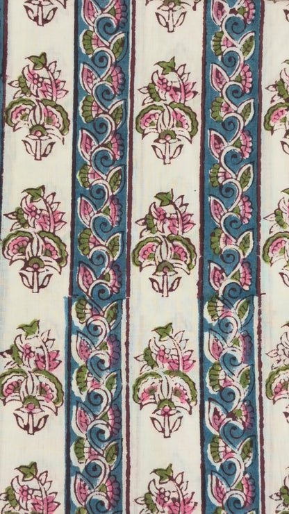 100% Cotton Hand Block Print Fabric | Floral Stripe Jaipur Print Cotton Fabric | Indian Handmade Fabric for Dresses, Quilts & Home Decor