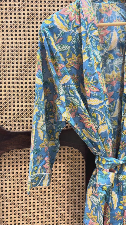 Indigo Bloom Cotton Block Print Open Front Kaftan | Jaipur Floral Print Long Kimono Robe | Women’s Resort & Beachwear