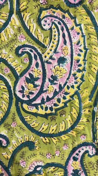 100% Cotton Hand Block Print Paisley Fabric | Green Floral Printed Cotton Fabric | Indian Jaipur Fabric for Apparel, Home Decor & Quilting | Wholesale Manufacturer