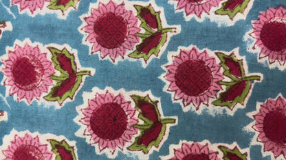 100% Cotton Hand Block Print Fabric | Pink Sunflower Floral Cotton Fabric | Jaipur Printed Cotton Fabric for Dresses, Quilts & Home Furnishing