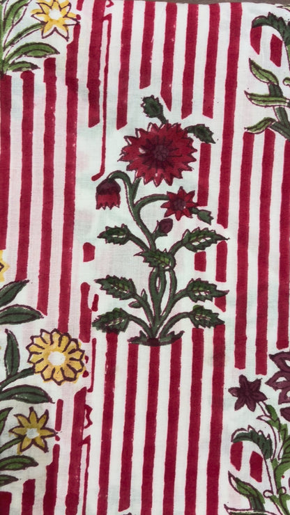 100% Cotton Hand Block Print Stripe Fabric | Flor100% Cotton Hand Block Print Floral Stripe Fabric | Jaipur Printed Cotton Dress Material | Botanical Cotton Fabric Manufacturer