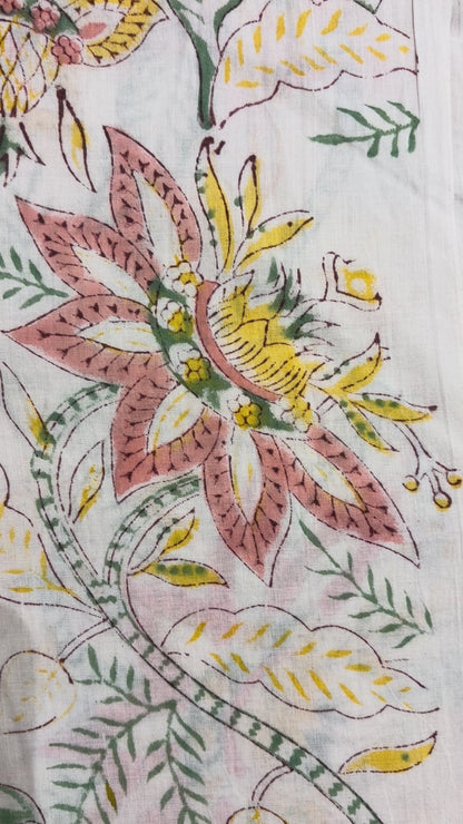100% Cotton Hand Block Print Fabric | Tropical Floral Botanical Cotton Fabric | Jaipur Printed Cotton Fabric for Dresses, Home Décor, Quilting & Wholesale