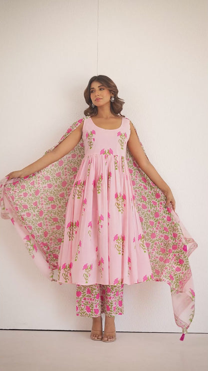 Pink Handblock Anarkali Set