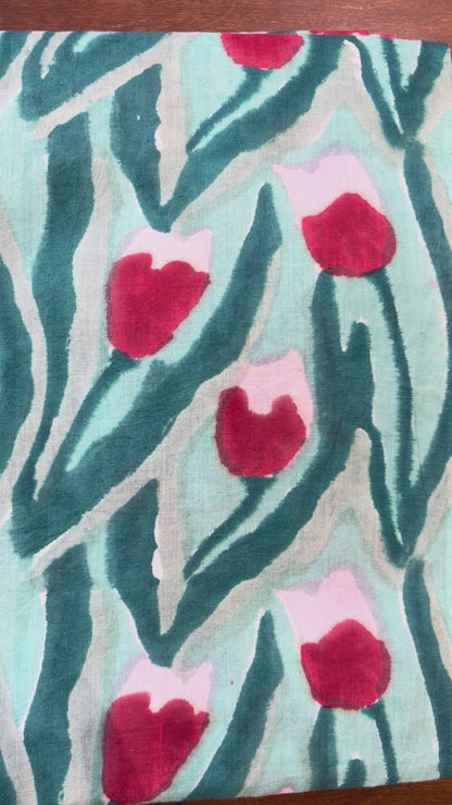 100% Cotton Hand Block Print Tulip Floral Fabric | Jaipur Handmade Cotton Dress Material | Sustainable Apparel & Home Textile Fabric