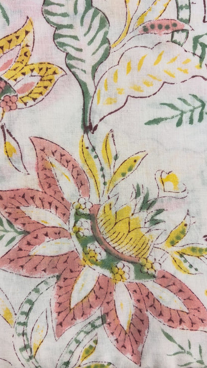 100% Cotton Hand Block Print Fabric | Tropical Floral Botanical Cotton Fabric | Jaipur Printed Cotton Fabric for Dresses, Home Décor, Quilting & Wholesale