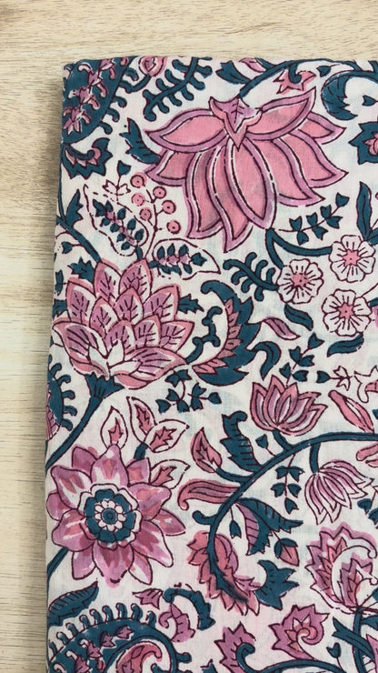 100% Cotton Hand Block Print Fabric | Pink & Blue Floral Cotton Fabric | Jaipur Printed Cotton Textile for Garments, Home Furnishing & Crafts