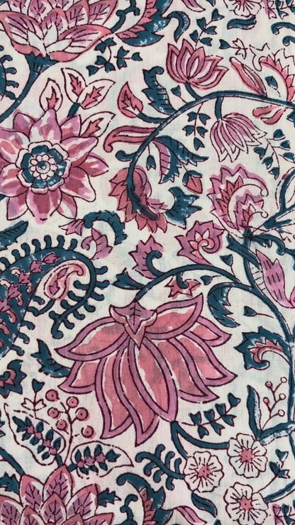 100% Cotton Hand Block Print Fabric | Pink & Blue Floral Cotton Fabric | Jaipur Printed Cotton Textile for Garments, Home Furnishing & Crafts
