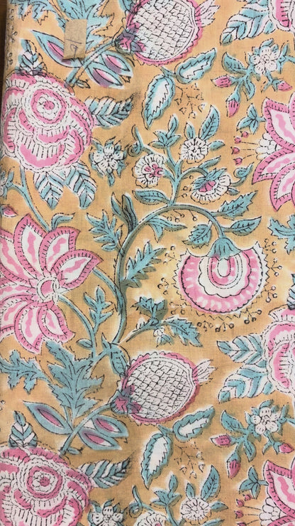 100% Cotton Hand Block Print Fabric 100% Cotton Hand Block Print Floral Vi100% Cotton Hand Block Print Floral Fabric | Pastel Botanical Cotton Fabric | Jaipur Printed Dress Material Manufacturer