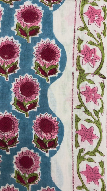 100% Cotton Hand Block Print Fabric | Pink Sunflower Floral Cotton Fabric | Jaipur Printed Cotton Fabric for Dresses, Quilts & Home Furnishing